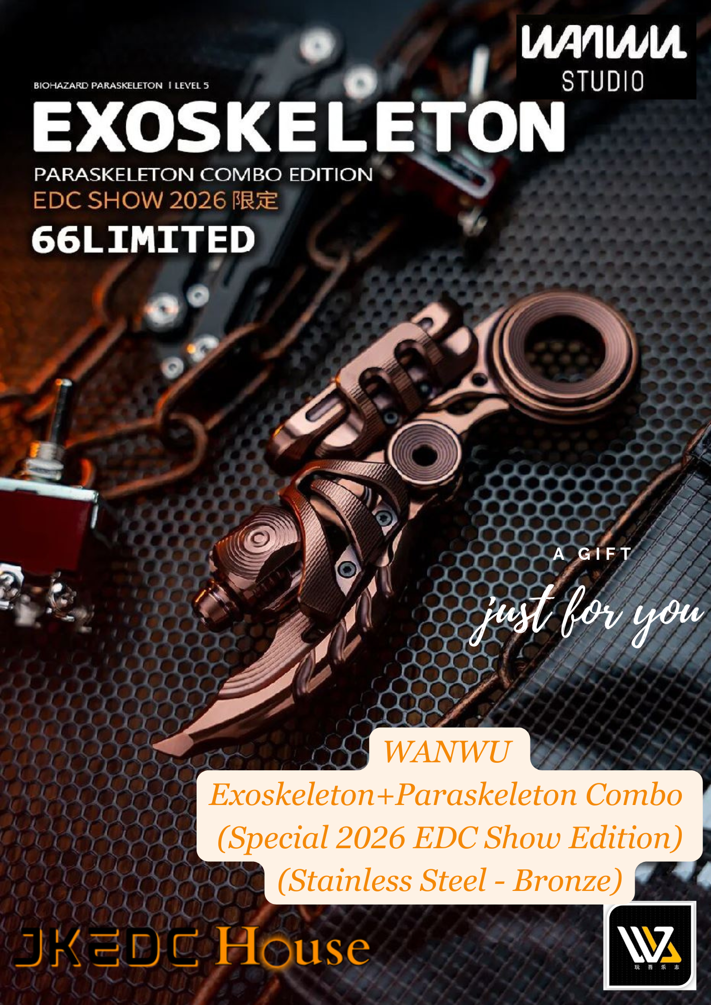 New WANWU Stainless Steel - Bronze (EDC Show Edition) PARASKELETON EXOSKELETON Mechanical Magnetic Hand Haptic Push Slider for Collection & Gift